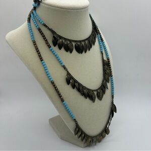 Multi-strand Beaded Necklace with Turquoise and Antique Gold Leaf-shaped Beads